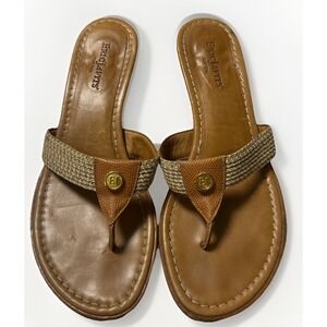 Eric Javits Thong Sandals Flip Flops Kitten Heels Leather Logo Brown Tan Sz 7 M